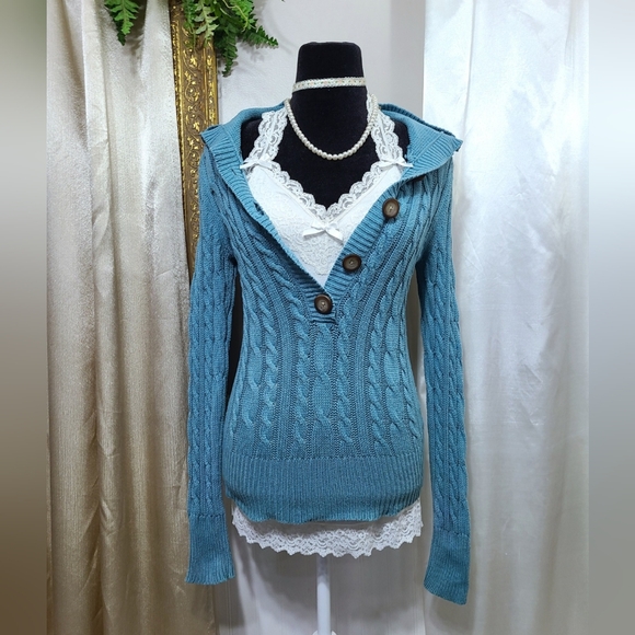♡ Y2K ♡ Aeropostale Stone Blue Chunky Cableknit Hooded Henley Sweater - Picture 1 of 9